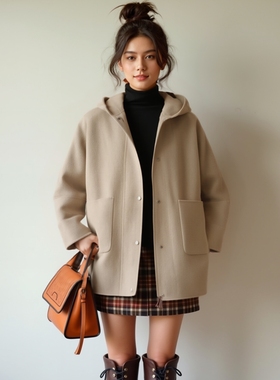 M家气质重磅羊毛双面呢大衣女秋冬纯色连帽宽松斗篷毛呢外套大衣