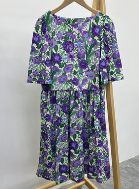 M家府绸棉度假沙滩圆领短袖印花短袖紫色连衣裙