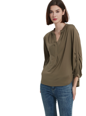 针织真丝V领长袖2色衬衣女