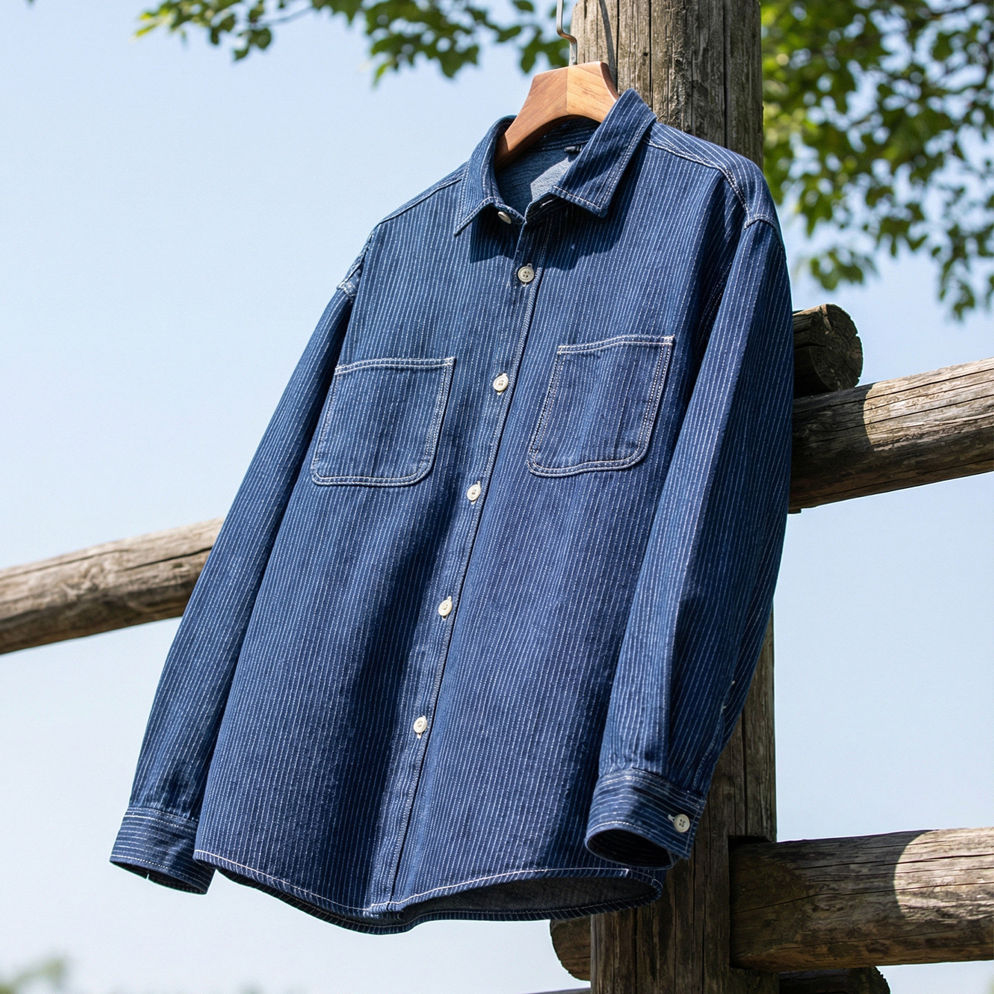 春季日系复古工装牛仔条纹衬衫男宽松多口袋黑色休闲长袖衬衣,男装,衬衫,淘宝优惠券,粉丝福利购,淘宝优惠卷