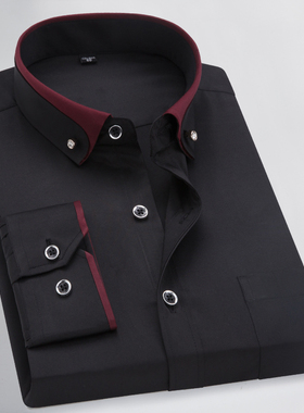 黑色春季免烫弹力钻扣领衬衫男 商务时尚休闲男士长袖衬衣青中年