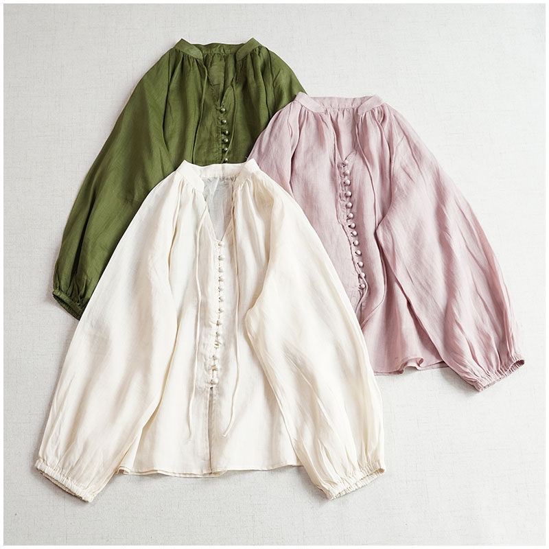 夏季百搭薄款蘑菇扣插肩长袖防晒衫 文艺复古系绳单排扣苎麻衬衫