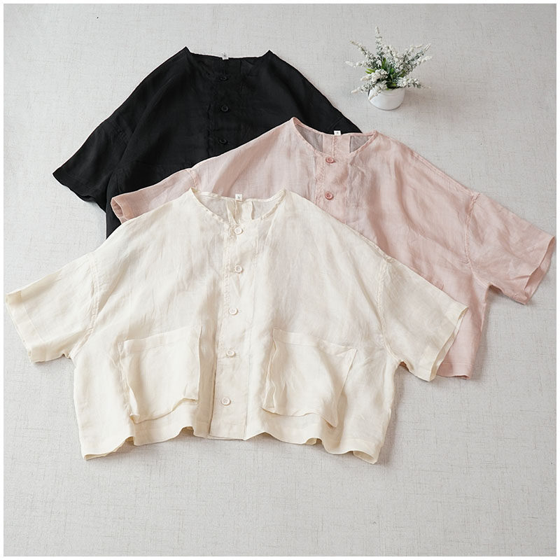 短款落肩五分袖苎麻小衫 宽松日系夏季薄款清凉单排扣防晒罩衫女