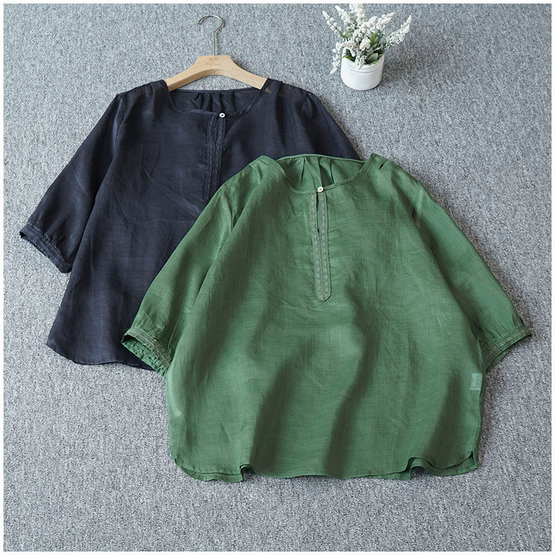 100支纯苎麻圆领一粒扣五分袖上衣 夏季清凉薄款会透薄麻罩衫防晒