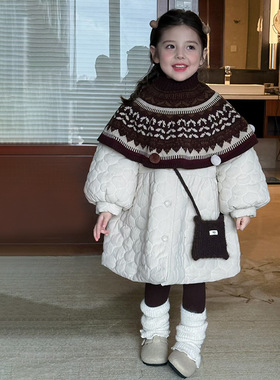 女童韩系秋冬2025新款披肩长款棉服外套慵懒风洋气保暖上衣R25641