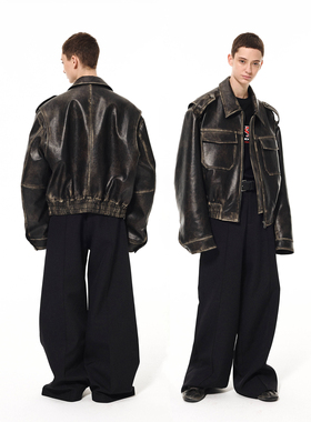 11PRODUITS重磅环保皮廓形做旧擦色松紧下摆夹棉皮夹克