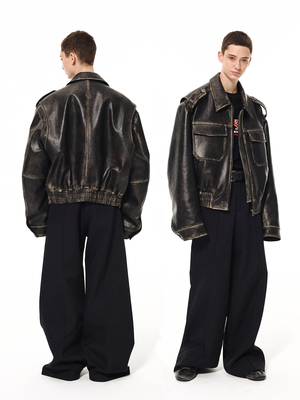 擦色做旧廓形翻领棉服皮夹克