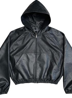 UNKNOWNWORLD磨砂做旧牛皮连帽短宽巫师帽衫插肩袖皮衣Bomber夹克