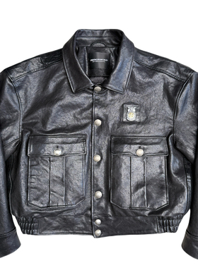 UNKNOWNWORLD 24FW 先锋植鞣马皮时空警察徽章短宽棉服皮衣夹克