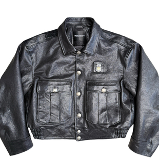 UNKNOWNWORLD 先锋植鞣马皮时空警察徽章短宽棉服皮衣夹克 24FW