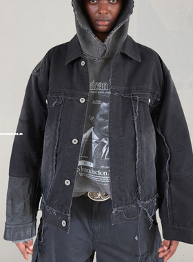 UNKNOWNWORLD 25FW 恶魔季廓形剪裁解构毛边义肢拼皮水洗夹克