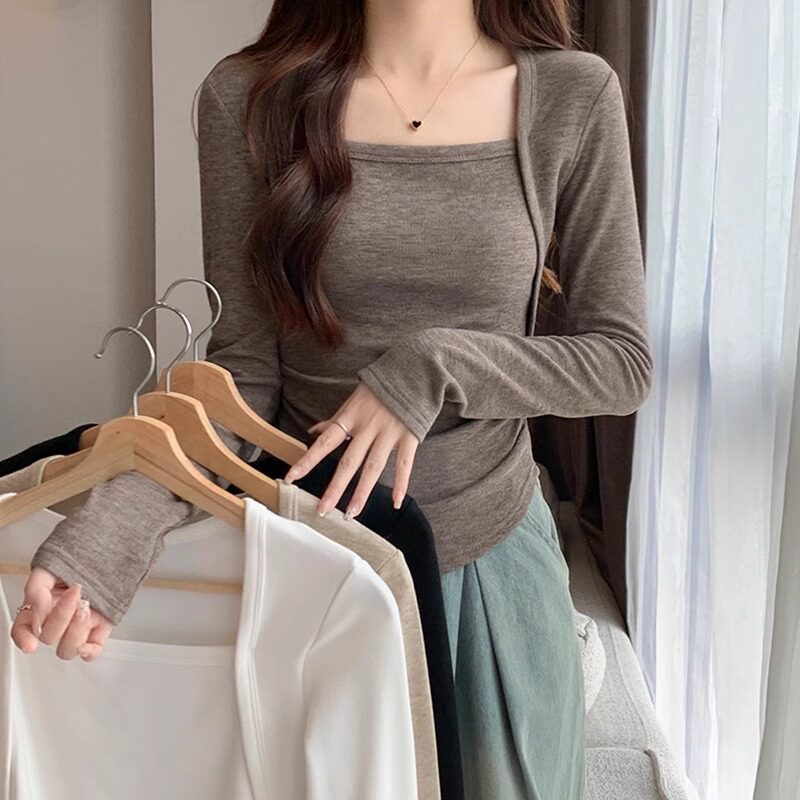 正肩德绒磨毛保暖打底衫女上衣设计感小众褶皱修身长袖体恤衫秋冬