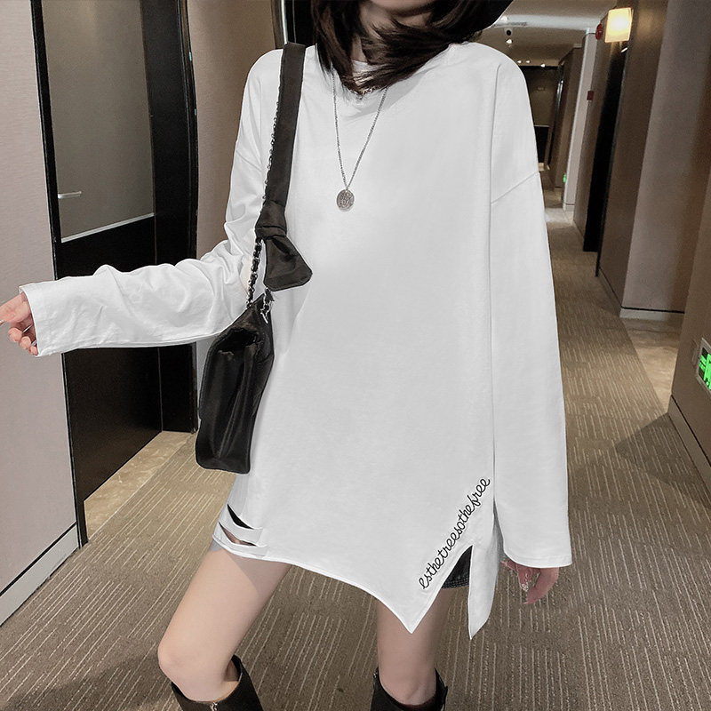 纯棉长袖T恤女中长款春秋衣外穿打底衫内搭上衣白色开叉宽松大码