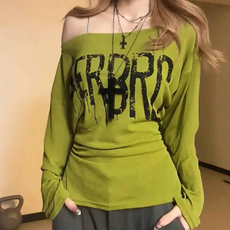 大码胖mm韩系慵懒风字母印花长袖T恤女春秋宽松遮肉显瘦绑带T恤潮