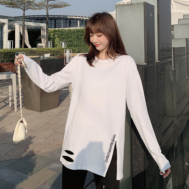长袖T恤女纯棉白色内搭打底衫春秋冬新款圆领中长款刺绣上衣ins潮