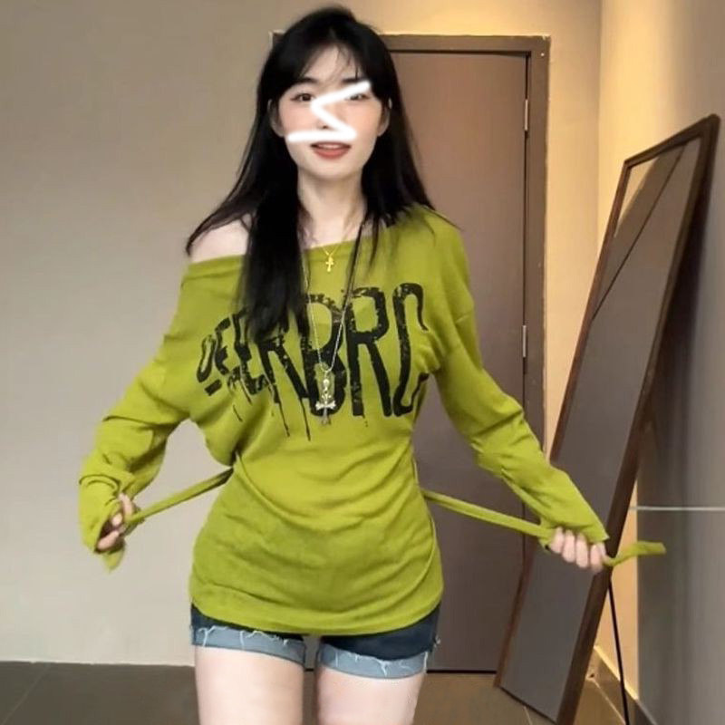 美式复古一字领印花长袖T恤春秋慵懒感休闲减龄绑带设计宽松上衣