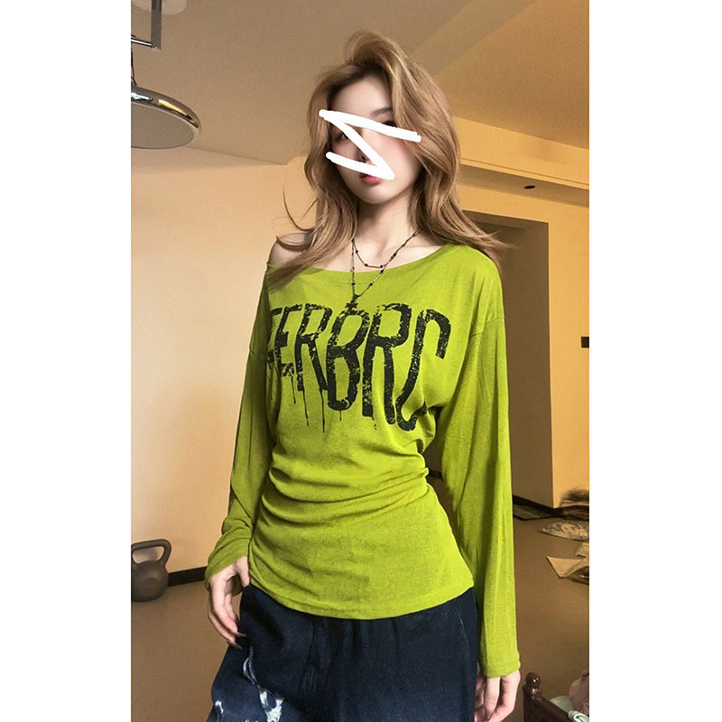 美式复古字母印花长袖女春秋季薄款宽松设计感收腰绑带T恤上衣ins