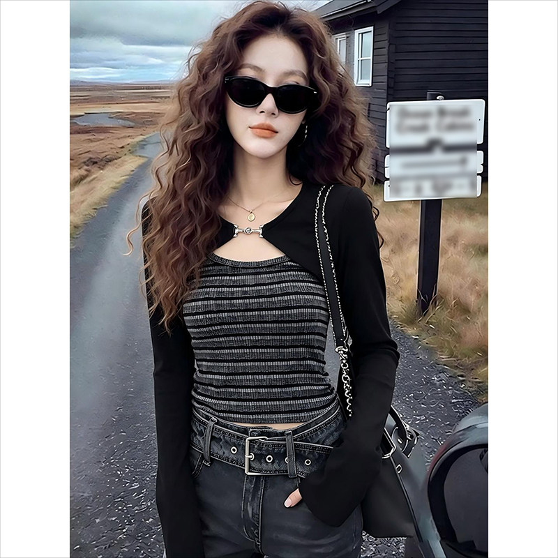 美式辣妹坎肩假两件长袖女春秋修身显瘦甜辣肌理感条纹秋衣外穿