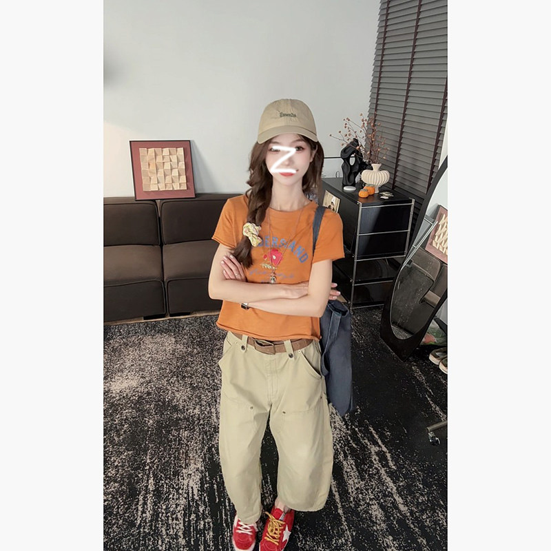 纯棉美式后背花朵印花短袖T恤女夏季薄款圆领正肩休闲百搭上衣ins