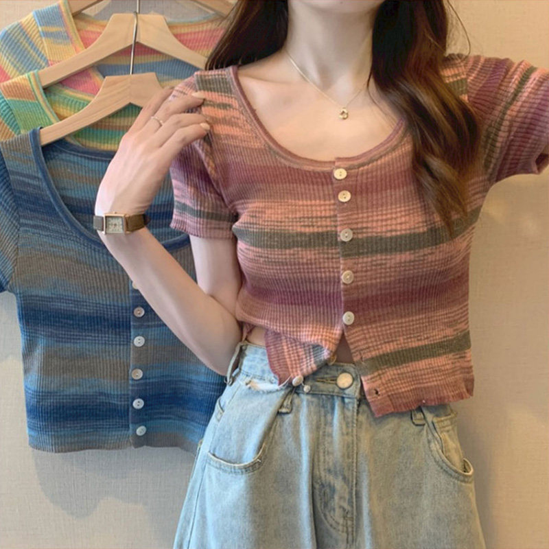 短款上衣彩虹晕染条纹正肩冰丝针织高腰夏修身chic甜辣短袖t恤女