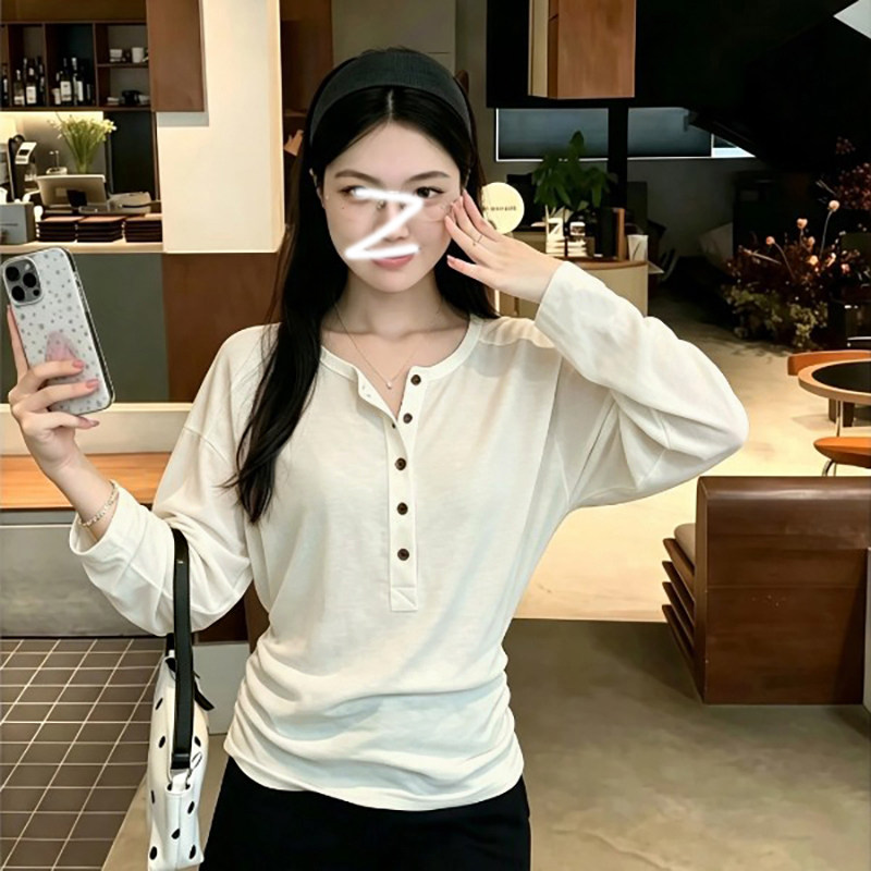 韩系宽松大码遮肉蝙蝠袖亨利领长袖T恤女春秋褶皱收腰显瘦上衣服