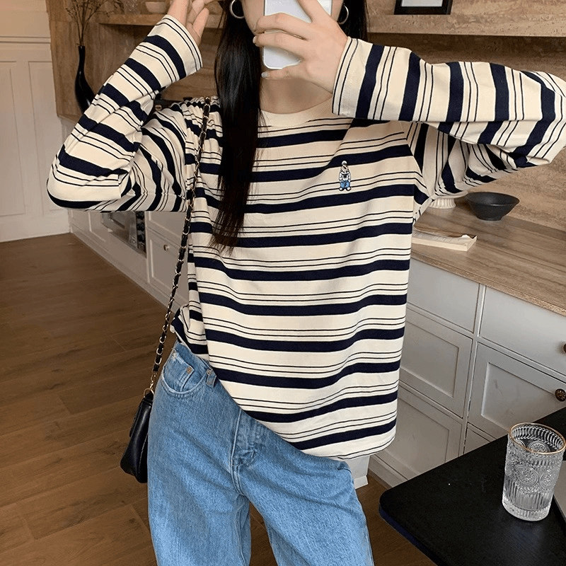 纯棉条纹长袖t恤女春秋衣外穿