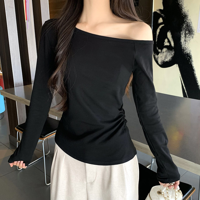 纯欲辣妹修身显瘦露肩长袖T恤女装春秋高级感洋气百搭打底衫上衣