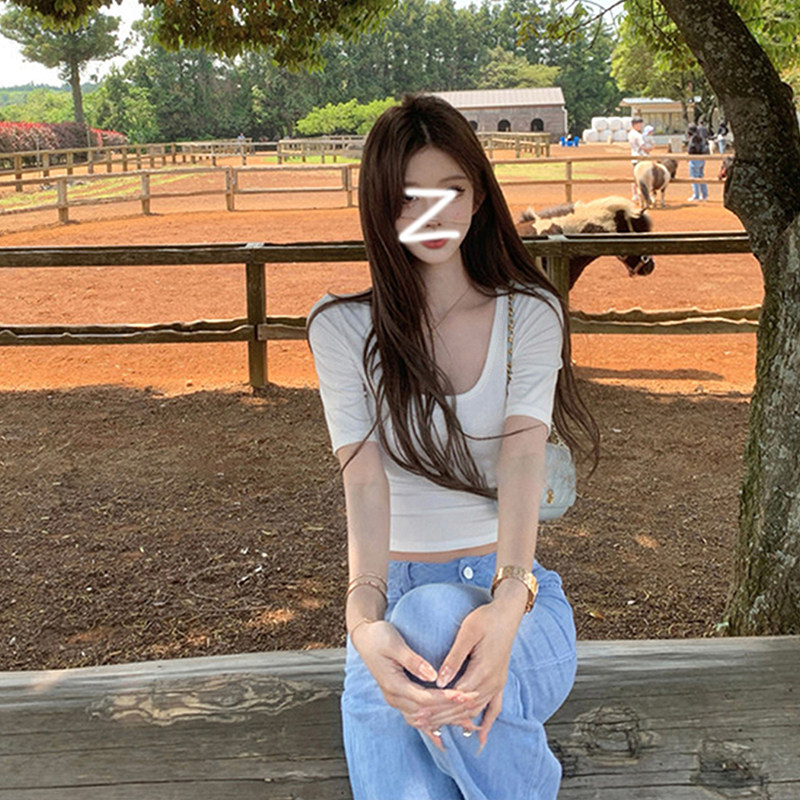 夏季纯欲辣妹紧身低领显胸大中袖T恤女外穿露脐短款修身显瘦上衣