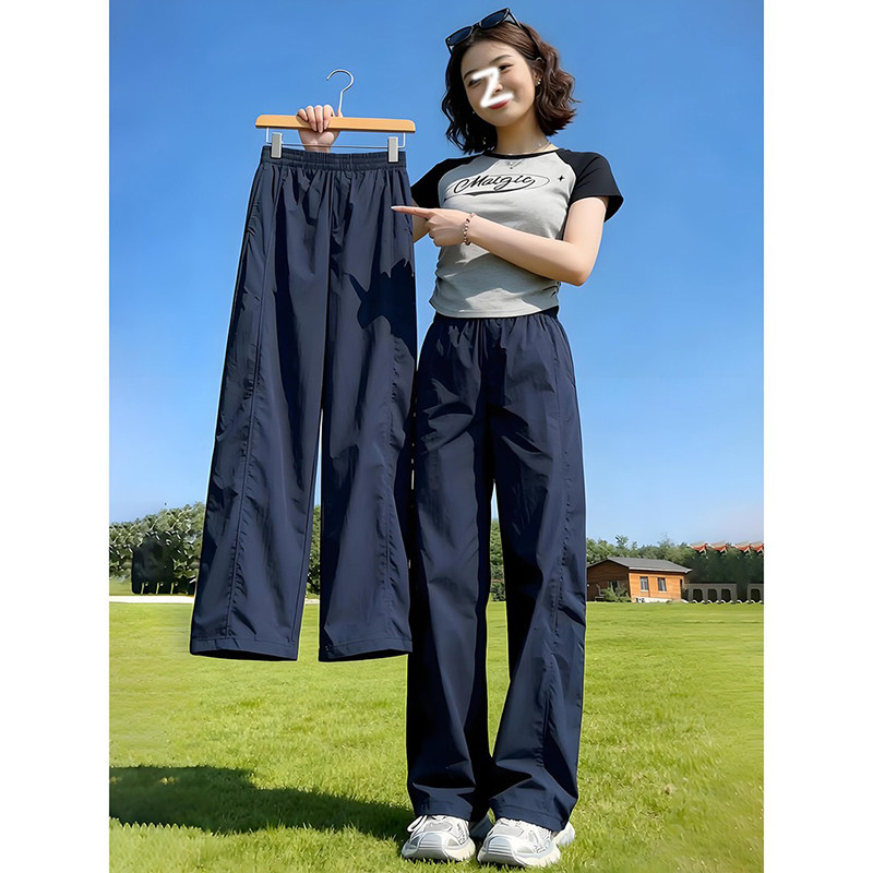 藏青色冰丝美式速干阔腿裤女小个子2026夏季松紧高腰大码显瘦运动