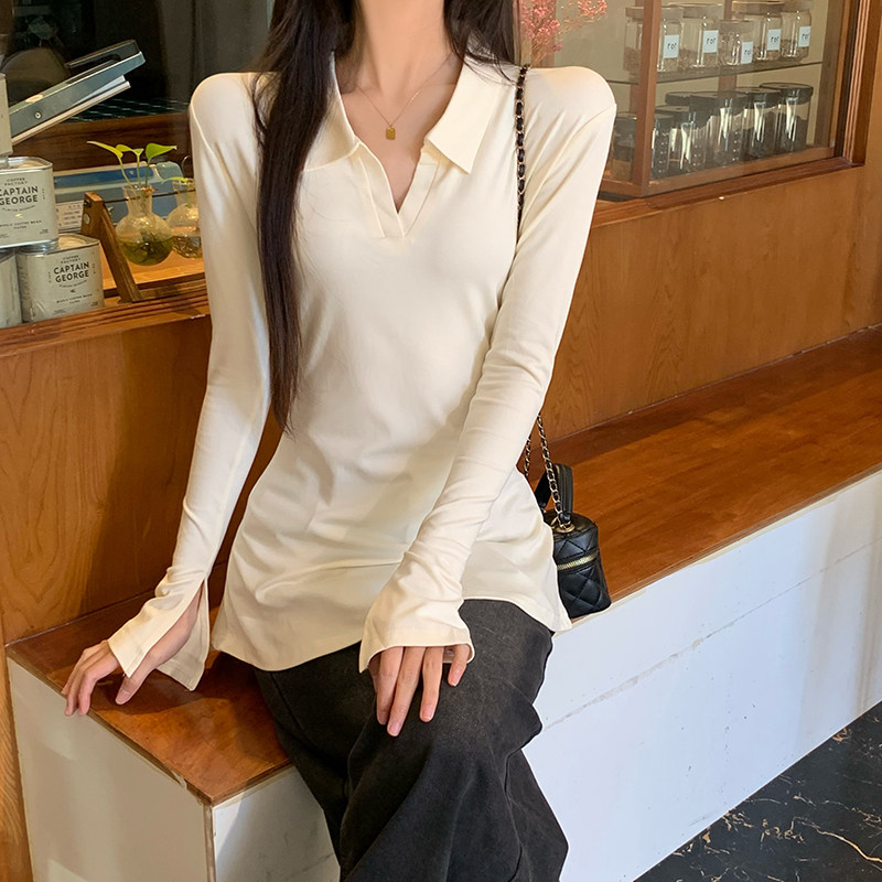 Polo领时尚喇叭袖T恤女春秋新款大码胖mm气质收腰显瘦上衣长袖
