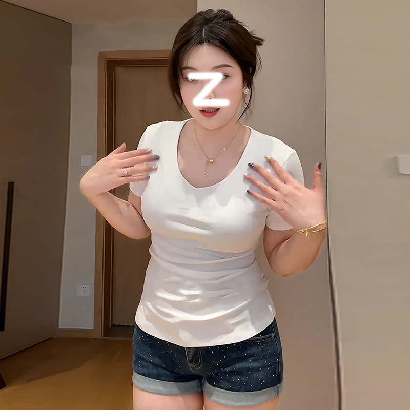 正肩v领短袖T恤女新款夏季设计感纯色百搭修身显瘦掐腰纯棉上衣