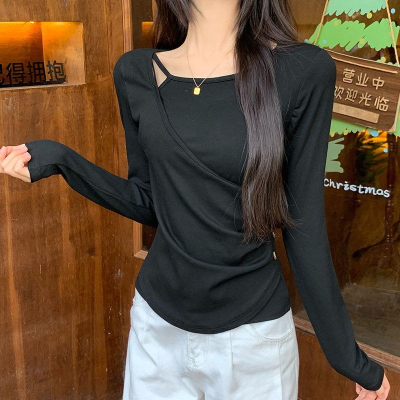 韩系纯欲高级感内搭长袖打底衫女春秋不规则百搭别致甜辣chic上衣