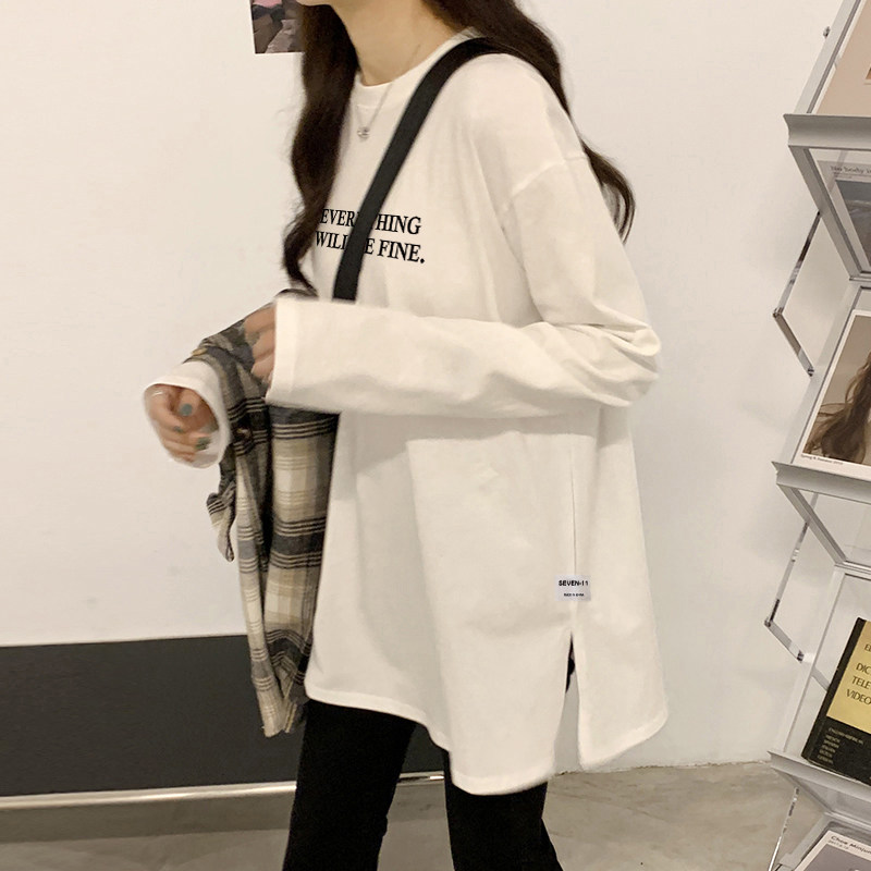 2026年春秋季打底衫女内搭设计感开叉中长款宽松纯棉长袖t恤上衣