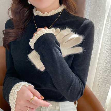 蕾丝花边半高领德绒打底衫女秋冬内搭洋气上衣加绒长袖t恤高级感