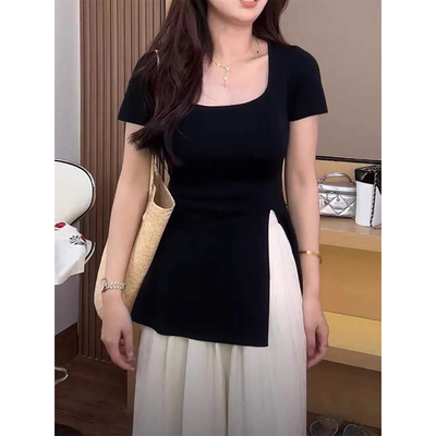 纯棉正肩T恤女短袖方领上衣夏季