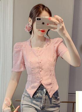 法式方领蕾丝衬衫女短袖2025夏季新款修身显瘦洋气泡泡袖短款上衣