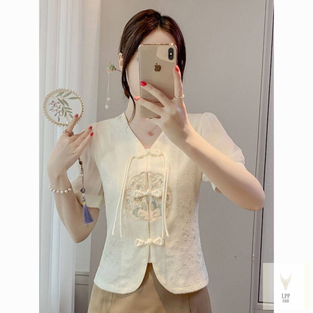 清仓中式盘扣绣花衬衫2025夏季减龄国风短袖流苏短款泡泡上衣潮