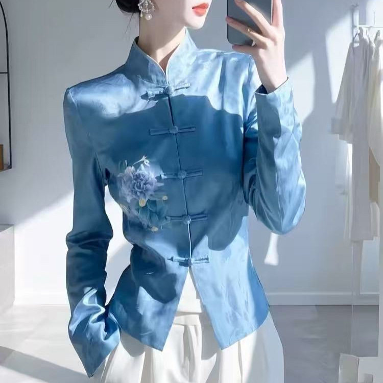新中式复古盘扣唐装上衣2025春季新款时尚气质收腰国风蓝色衬衫女,女装/女士精品,衬衫,淘宝优惠券,粉丝福利购,淘宝优惠卷