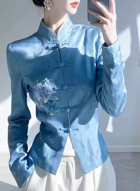 新中式复古盘扣唐装上衣2025春季新款时尚气质收腰国风蓝色衬衫女