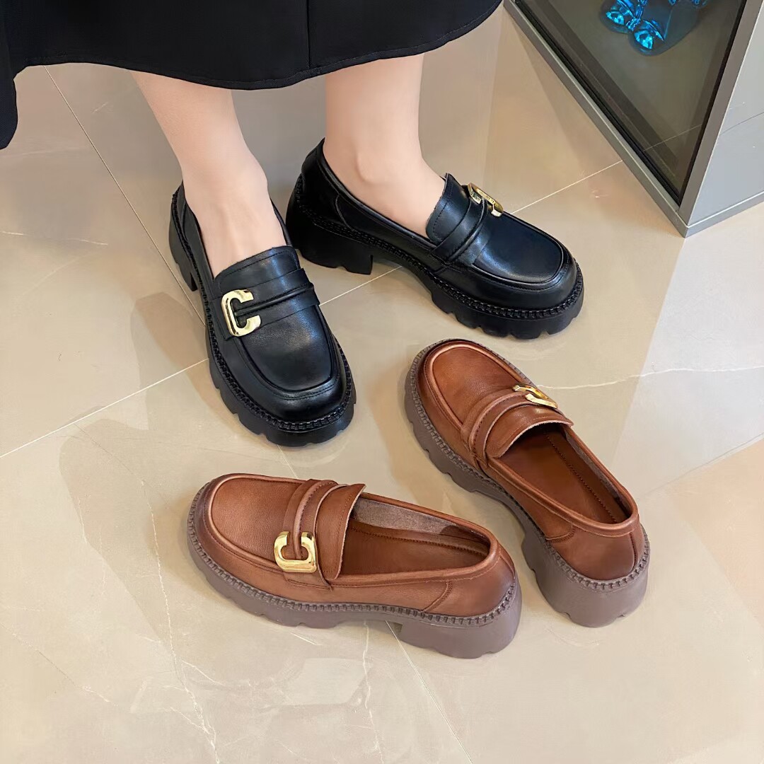 华伦邦赛2023春季真皮女鞋单鞋乐福鞋厚底方跟女皮鞋休闲小皮鞋子
