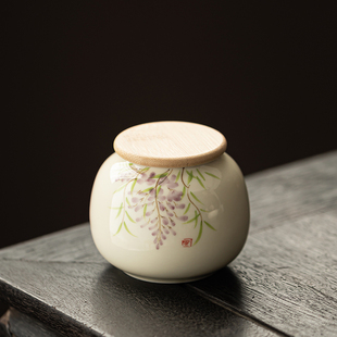蜜黄釉手绘陶瓷茶叶罐釉下彩竹盖密封罐茶具茶叶盒小罐子茶具配件