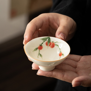 釉下彩手绘柿柿如意陶瓷小茶杯斗笠杯功夫品茗杯喝茶杯子功夫茶具