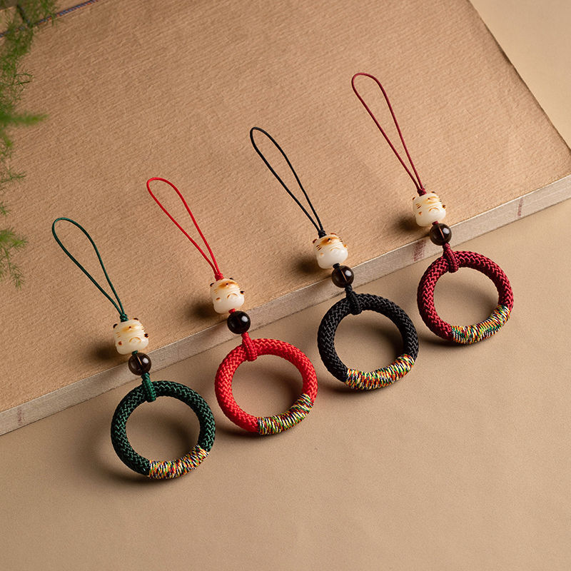 新款指环扣绳国潮手机链挂饰招财猫钥匙挂饰手工编织绳手腕款男女