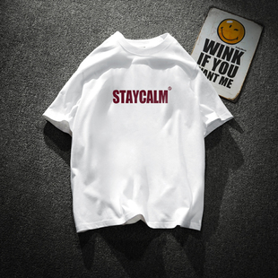 【7】美式重磅夏季日系红字印花短袖T恤男潮宽松纯棉圆领半袖上衣