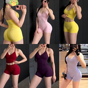 挂脖美背瑜伽DF两件套运动背心欧美翘臀短裤训练蜜桃健身服女套装