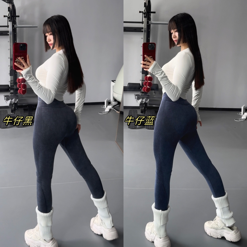 秋冬仿牛仔显瘦外穿时尚显瘦瑜伽收腹高腰收女紧身弹力提臀健身裤