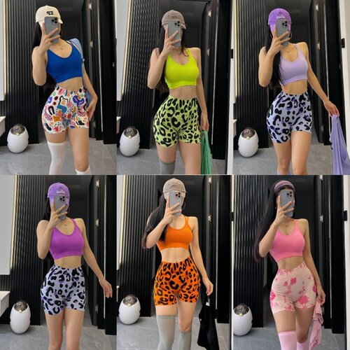 健身套装细带美背女跑步瑜伽运动bra蜜桃提臀豹纹三分短裤两件套