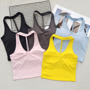 欧美细带健身文胸性感V领裸感运动内衣挂脖瑜伽服背心 T型美背