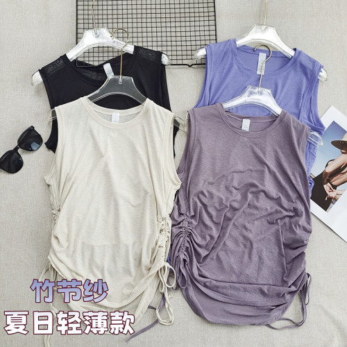 【竹节纱】今年流行两侧抽绳宽松休闲瑜伽背心普拉提健身运动罩衫