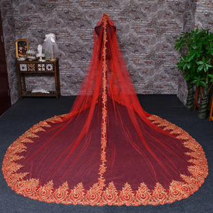 新娘结婚法国红色蕾丝头纱长款头饰婚纱摄影楼森系主婚纱造型配饰